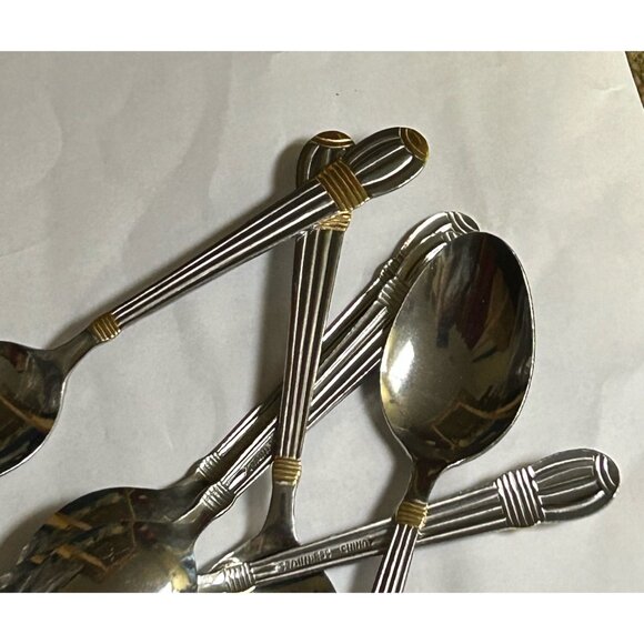 Stainless Steel Teaspoons Ribbed Handle Gold Accent Set of 8 Modern Timeless - Picture 5 of 7